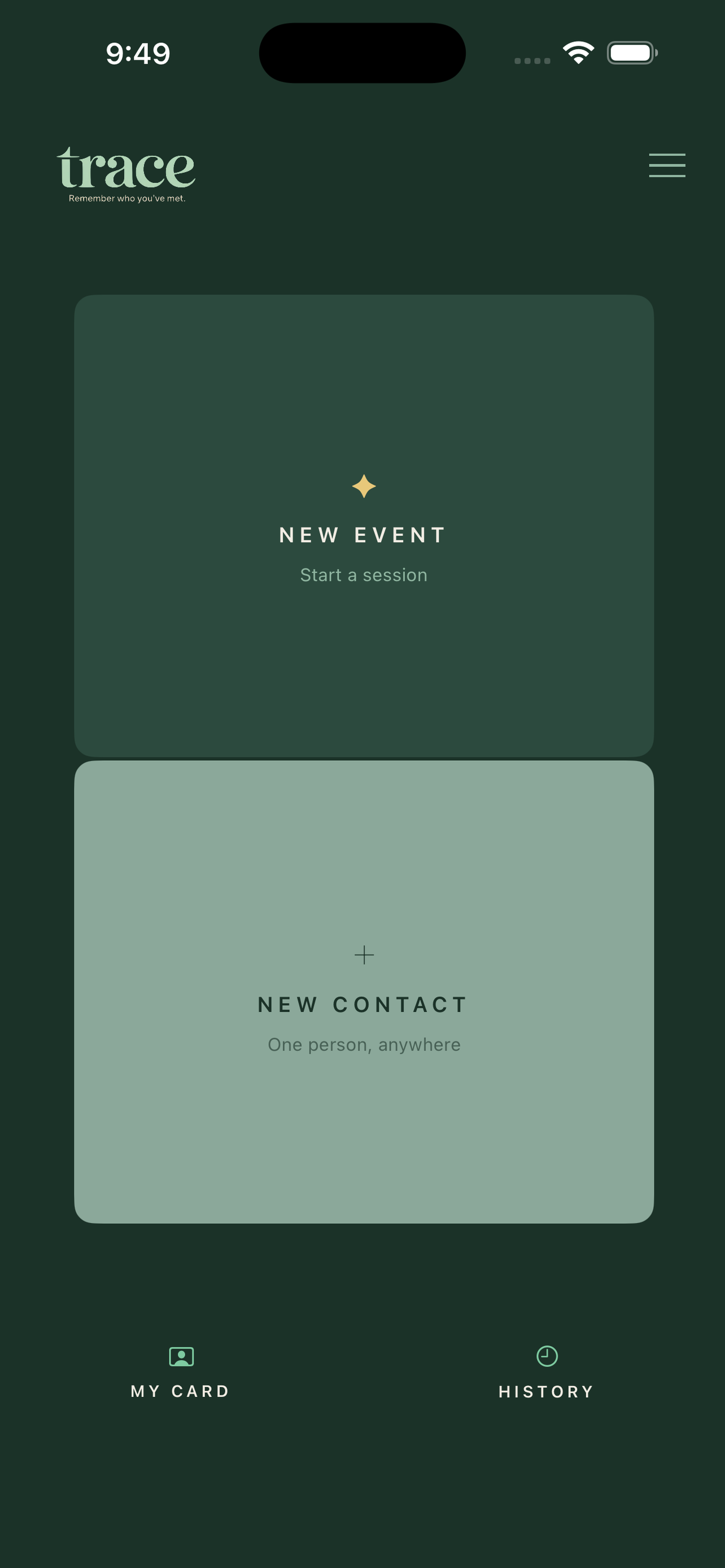 Trace app home screen showing New Event and New Contact